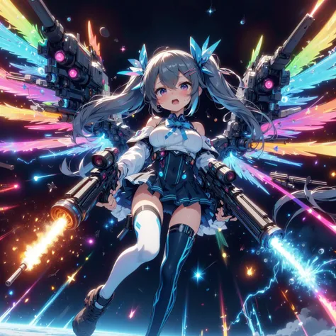 (((masterpiece))), (((best quality))), (((wide shot))), (((full body))), (((from below))), ((dual wielding twin buster rifle)), (((magnum sniper rifle))), (((colorful huge beam impact))), (((firing))), (((glowing))), (((power)), (((electricity))), ((colorful mechanical wings)), (((blue tight suit))), ((off shoulder)), skirt, ((leggings)), (((flying))), (((space))), earth \(planet\), (((planet))), solo, 1girl, (((big tits))), gray very long hair, twintails, hairclip, ribbon, open mouth, sweat, shy, blush, ((slim figure)), <lora:girlliketwinbusterrifle:1>