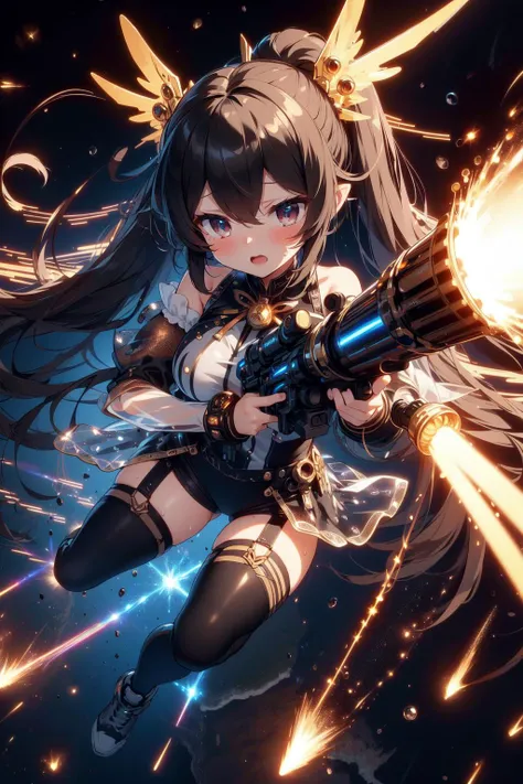 (((masterpiece))), (((best quality))), (((full body))), (((from above))),(((magnum sniper rifle))), (((golden huge beam impact))), (((firing))), (((glowing))), (((power)), (((electricity))), ((black mechanical wings)), (((black see-through tight suit))), ((off shoulder)), skirt, ((leggings)), (((flying))), (((space))), earth \(planet\), (((planet))), solo, 1girl, (((big tits))), very long hair, brown ponytail, hairclip, ribbon, open mouth, sweat, shy, blush, ((slim figure)), <lora:girlliketwinbusterrifle:1>
