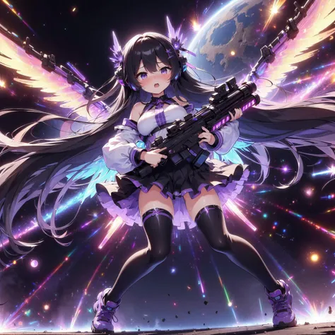 1girl,arm_cannon,asymmetrical_clothes,asymmetrical_footwear,aurora,bird_wings,black_hair,black_wings,bow,brown_hair,cape,city_lights,constellation,crescent_moon,earth_(planet),feathered_wings,full_moon,galaxy,green_bow,green_skirt,hair_bow,large_wings,light_particles,long_hair,milky_way,mismatched_footwear,moon,moonlight,night,night_sky,planet,radiation_symbol,shoes,shooting_star,sky,solo,space,space_craft,spread_wings,star_(sky),star_(symbol),starry_background,starry_sky,starry_sky_print,sun,telescope,third_eye,weapon,wings,reiuji_utsuho