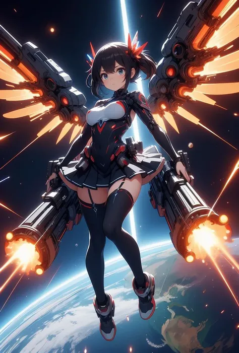 (masterpiece, best quality), 1girl,  Sky Buzz Cut with Shaved Design, Size B breasts, <lora:girlliketwinbusterrifle:0.8> dual wielding twin buster rifle, magnum sniper rifle, huge beam impact, firing, glowing, power, electricity, mechanical wings, tight suit, skirt, leggings, flying, space, earth \(planet\)