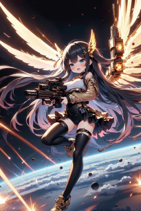 (((masterpiece))), (((best quality))), (((full body))), (((dual wielding twin buster rifle))), (((gatling gun))), (((huge beam impact))), (((firing))), (((glowing))), (((power)), (((electricity))), ((golden mechanical wings)), black tight suit, miniskirt, ((leggings)), flying, space, (((earth))), (((planet))), solo, 1girl, ((big tits)), black very long hair, hairclip, ribbon, open mouth, sweat, shy, blush, ((slim figure)), <lora:girllikebusterrifle:1>