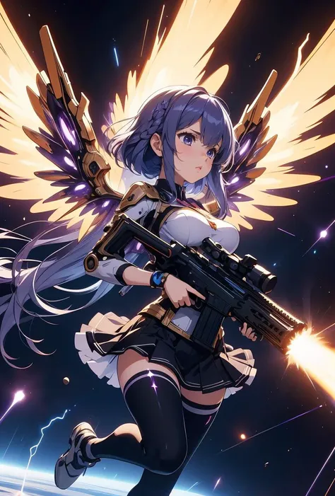 (masterpiece, best quality), 1girl, Violet Boho Braid with Feather Hair Clip, Size A breasts, <lora:girlliketwinbusterrifle:0.8> dual wielding twin buster rifle, magnum sniper rifle, huge beam impact, firing, glowing, power, electricity, mechanical wings, tight suit, skirt, leggings, flying, space, earth \(planet\)
