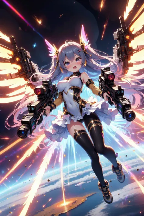 (((masterpiece))), (((best quality))), (((full body))), (((dual wielding twin buster rifle))), (((gatling gun))), (((colorful huge beam impact))), (((firing))), (((glowing))), (((power)), (((electricity))), ((golden mechanical wings)), ((colorful tight suit)), miniskirt, ((leggings)), flying, space, (((earth))), (((planet))), solo, 1girl, ((big tits)), black very long hair, hairclip, ribbon, open mouth, sweat, shy, blush, ((slim figure)), <lora:girllikebusterrifle:1>