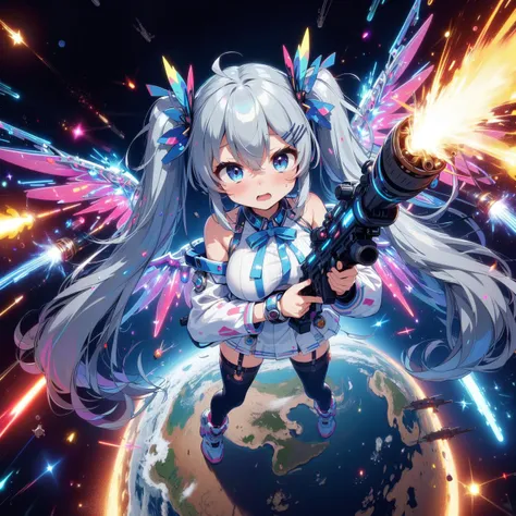 (((masterpiece))), (((best quality))), (((wide shot))), (((full body))), (((from above))), ((dual wielding twin buster rifle)), (((magnum sniper rifle))), (((colorful huge beam impact))), (((firing))), (((glowing))), (((power)), (((electricity))), ((colorful mechanical wings)), (((blue tight suit))), ((off shoulder)), skirt, ((leggings)), (((flying))), (((space))), earth \(planet\), (((planet))), solo, 1girl, (((big tits))), gray very long hair, twintails, hairclip, ribbon, open mouth, sweat, shy, blush, ((slim figure)), <lora:girlliketwinbusterrifle:1>