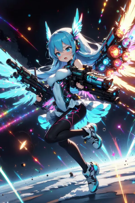 (((masterpiece))), (((best quality))), (((full body))), (((dual wielding twin buster rifle))), (((gatling gun))), (((colorful huge beam impact))), (((firing))), (((glowing))), (((power)), (((electricity))), ((cyan mechanical wings)), ((colorful tight suit)), miniskirt, ((leggings)), flying, space, (((earth))), (((planet))), solo, 1girl, ((big tits)), black very long hair, hairclip, ribbon, open mouth, sweat, shy, blush, ((slim figure)), <lora:girllikebusterrifle:1>