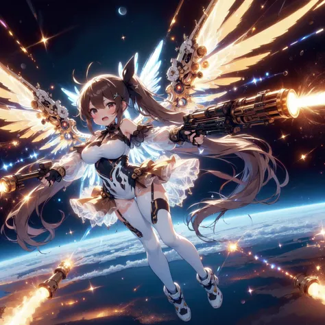 (((masterpiece))), (((best quality))), (((full body))), (((front view))),(((magnum sniper rifle))), (((golden huge beam impact))), (((firing))), (((glowing))), (((power)), (((electricity))), ((blue mechanical wings)), (((blue tight suit))), ((off shoulder)), skirt, (((leggings))), (((flying))), (((space))), earth \(planet\), (((planet))), solo, 1girl, (((big tits))), very long hair, brown ponytail, hairclip, ribbon, open mouth, sweat, shy, blush, ((slim figure)), <lora:girlliketwinbusterrifle:1>