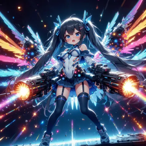 (((masterpiece))), (((best quality))), (((wide shot))), (((full body))), (((from below))), ((dual wielding twin buster rifle)), (((magnum sniper rifle))), (((colorful huge beam impact))), (((firing))), (((glowing))), (((power)), (((electricity))), ((colorful mechanical wings)), (((blue tight suit))), ((off shoulder)), skirt, ((leggings)), (((flying))), (((space))), earth \(planet\), (((planet))), solo, 1girl, (((big tits))), gray very long hair, twintails, hairclip, ribbon, open mouth, sweat, shy, blush, ((slim figure)), <lora:girlliketwinbusterrifle:1>