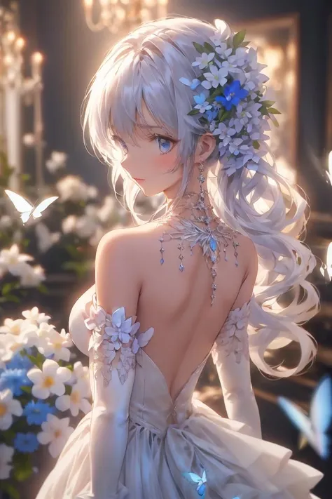 Soft light, 1girl, solo, dress, bug, flower, breasts, butterfly, blue eyes, hair ornament, long hair, white dress, elbow gloves, hair flower, gloves, bare shoulders, jewelry, earrings, white gloves, blue butterfly, closed mouth, medium breasts, backless outfit, bangs, back