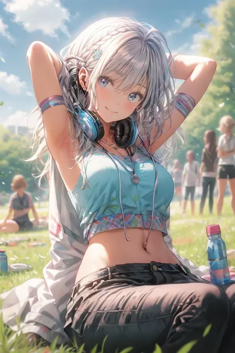 Soft light, headphones around neck, looking at viewer, armpits, outdoors, jacket, navel, smile, bottle, headphones, crop top, arms behind head, black pants, closed mouth, day, pants, earphones, breasts, water bottle, piercing, arms up, midriff, 5girls, blurry, long hair, stomach, braid, solo focus, blue eyes, sitting, hair ornament, necklace, shirt