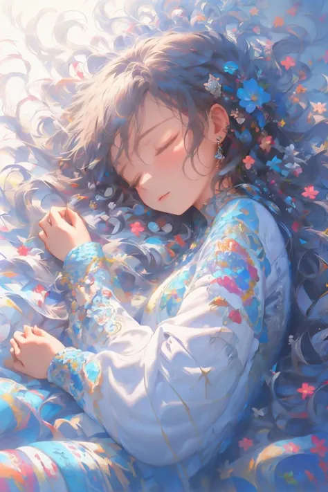 Soft light, 1girl, solo, long hair, closed eyes, sleeping, lying, flower, hair ornament, jewelry, long sleeves, earrings, on side, hair flower