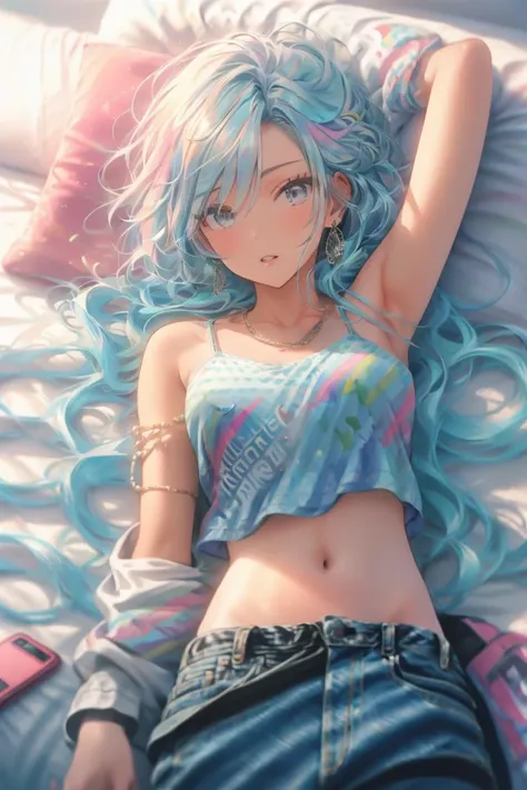 Soft light, 1girl, solo, long hair, jewelry, looking at viewer, navel, crop top, lying, on back, earrings, midriff, armpits, bare shoulders, necklace, phone, blue eyes, on bed, parted lips, cellphone, breasts, blue hair, smartphone, stomach, arm up, armlet, denim, camisole, pillow