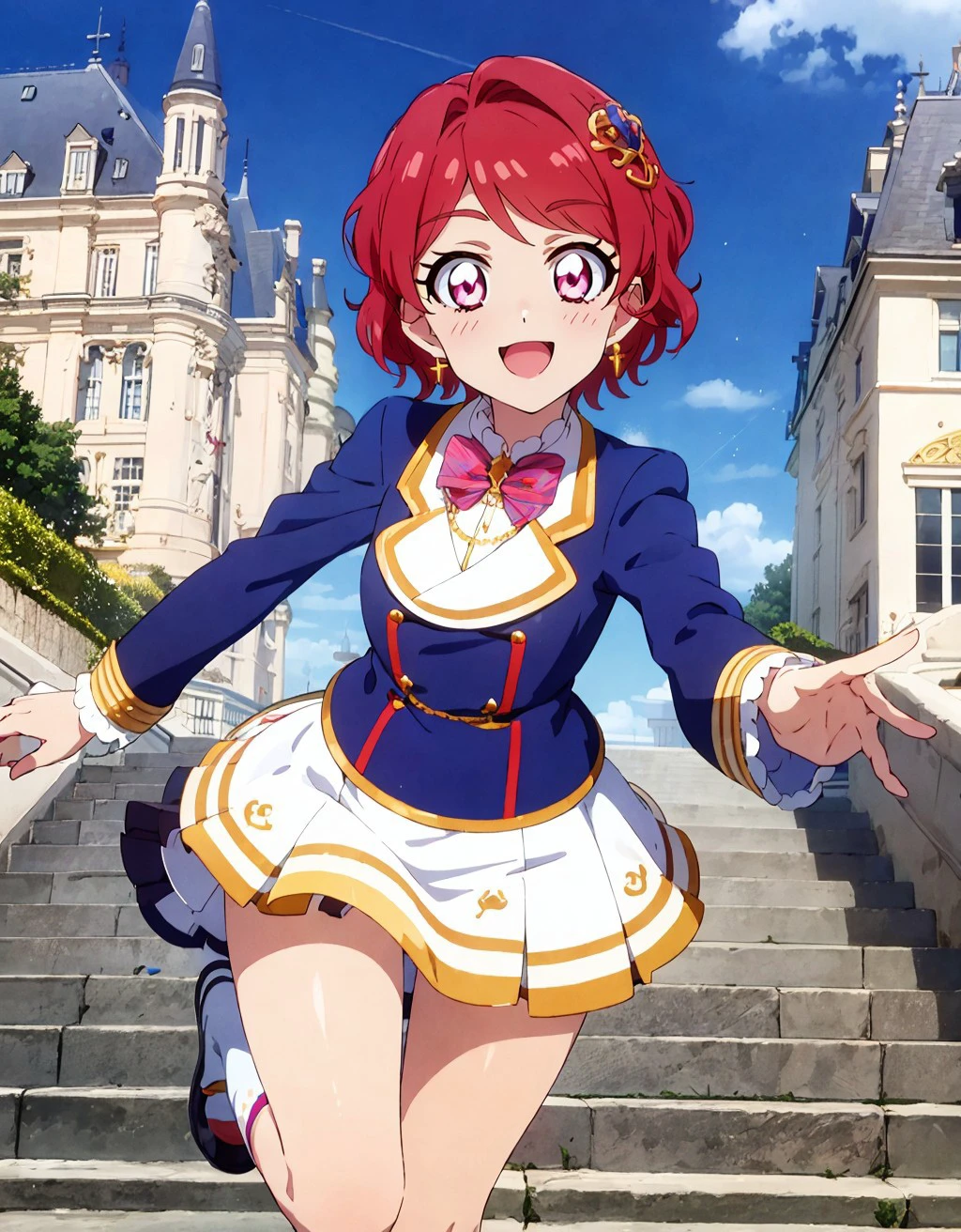 anime coloring, anime screencap,<lora:boldline:-0.5> colored eyelashes, , (aikatsu!,:1.1)bright pupils,
<lora:anmnr01AOM3A1:0.25>
(floating,:1.2)running,
outdoors, cute,(happy, smile,;d:1.1)
castle,stairs,embroidery,gorgeous,
school uniform, blue_blazer,white skirt, starlight academy uniform, pleated skirt, gold chain, red bowtie,
<lora:CH_itinosekaedev2:1.2> red_eyes, red_hair, , aikatsu!. ichinose kaede, ear,short_hair,