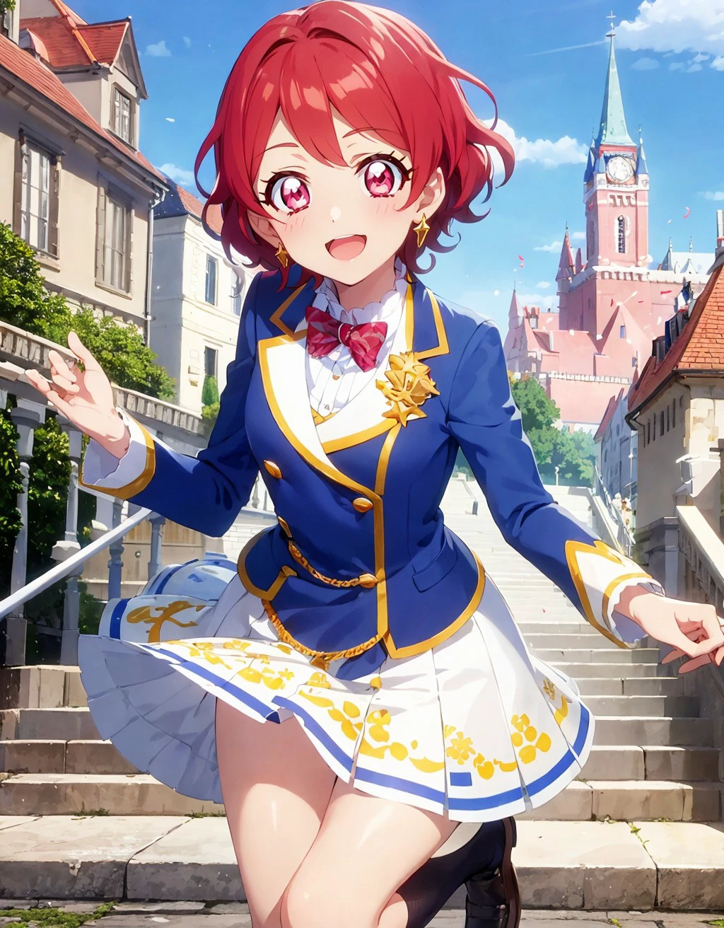 anime coloring, anime screencap,<lora:boldline:-0.5> colored eyelashes, , (aikatsu!,:1.1)bright pupils,
(floating,:1.2)running,
outdoors, cute,(happy, smile,;d:1.1)
castle,stairs,embroidery,gorgeous,
school uniform, blue_blazer,white skirt, starlight academy uniform, pleated skirt, gold chain, red bowtie,
<lora:CH_itinosekaedev2:0.8> red_eyes, red_hair, very short_hair, aikatsu!.(messy hair,:1.2)