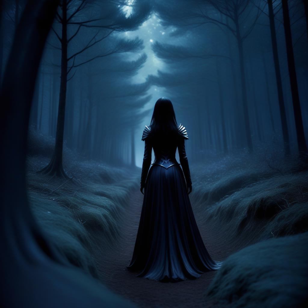 A woman in a long dress walking through a forest at night - SeaArt AI