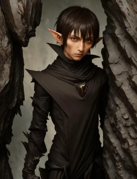 DonMB14ckR0ck black rock, male house elf, small humanoid being, large pointed ears, brown earth toned simple tattered clothing, subservient humble demeanor, large expressive eyes, magical, loyalty, dedication, strong sense of duty, epochal , <lora:DonMB14ckR0ck-000006:0.7>