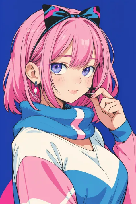 a close up of a person with pink hair and a blue background