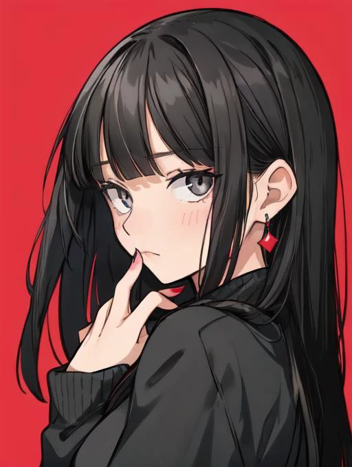 (masterpiece, high quality:1.4), BREAK,
1girl, teen, solo,, black hair, black shirt, blunt bangs, closed mouth, fingernails, from side, grey eyes, hand up, long hair, looking at viewer, looking to the side, nail polish, portrait, profile, red background, shirt, simple background, swept bangs