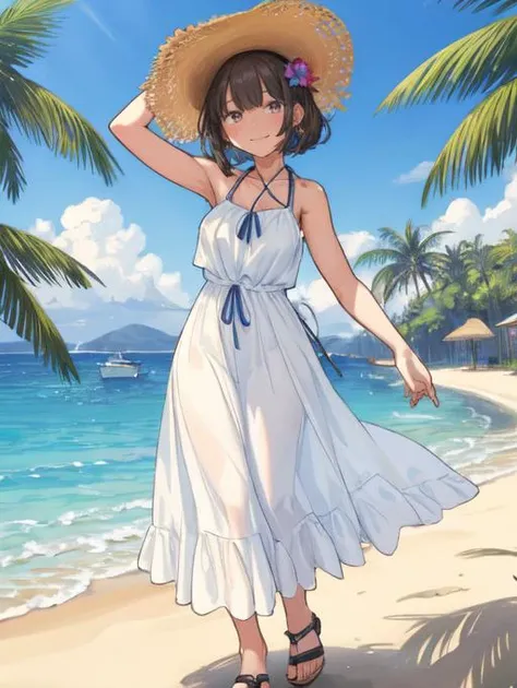 a woman in a white dress and straw hat standing on a beach