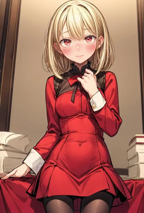 (masterpiece, best quality), 1girl, blonde hair, red dress, pantyhose, cute face, blush, <lora:add_detail:1>