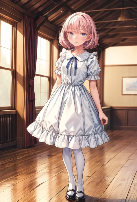 anime girl in a white dress standing in a room with wood floors