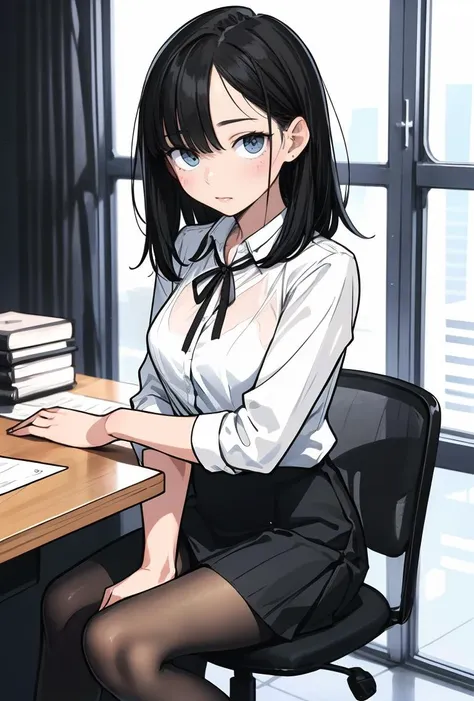 (masterpiece, best quality), a young black haired girl office secretary dressed in a transparent white blouse and black office skirt and black pantyhose ,sitting in an office chair, holding pencil, (detailed skin:1.3),(detailed eyes), (sharp focus),