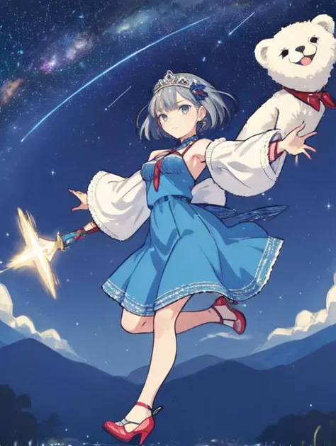(masterpiece, high quality,:1.4), BREAK,
1girl, solo, skinny, slender,
Vintage Glam: Beaded flapper dress, feather headband, and vintage heels.
Polar Bear Eyes
Textured Lob with Wispy Bangs
Disgust
Large and round breasts
Walking away from the camera
Starry Night Sky with Shooting Stars