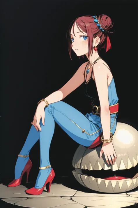 a woman sitting on a ball with a red hair and blue pants