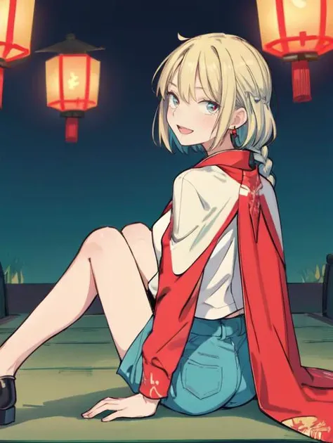 (masterpiece, high quality,:1.4), BREAK,
1girl, teen, solo, skinny, slender, 
cape,
turquoise shorts, short shorts,
seductive smile, 
teal, 
ash blonde, 
quad braids, 
sitting on lap, 
open mouth , 
BREAK, 
from behind,
Tranquil Bamboo Grove with Red Lanterns,