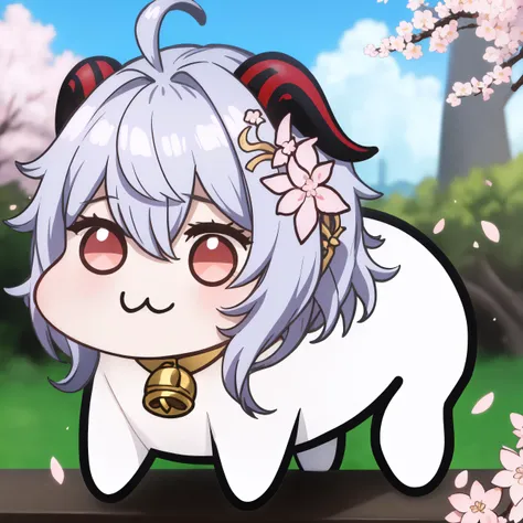 <lora:DoroX_V1:1> doro, creature, ;3, chibi, outdoors, no humans, <lora:ganyutwilightblossom-gi-richy-v1:1> ganyutb, horns, ahoge, hair ornament, hair flower, neck bell, nature, cherry blossoms