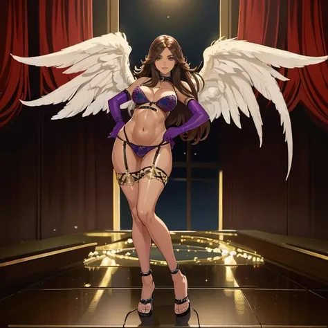 ((Masterpiece, best quality,edgQuality)),
edgVS, long hair, , looking at viewer, smile, brown hair, gloves, navel, , full body, elbow gloves, sandals, realistic, angel ,wearing edgVS lingerie,wings
 <lora:edgVictoriaAngels:1>