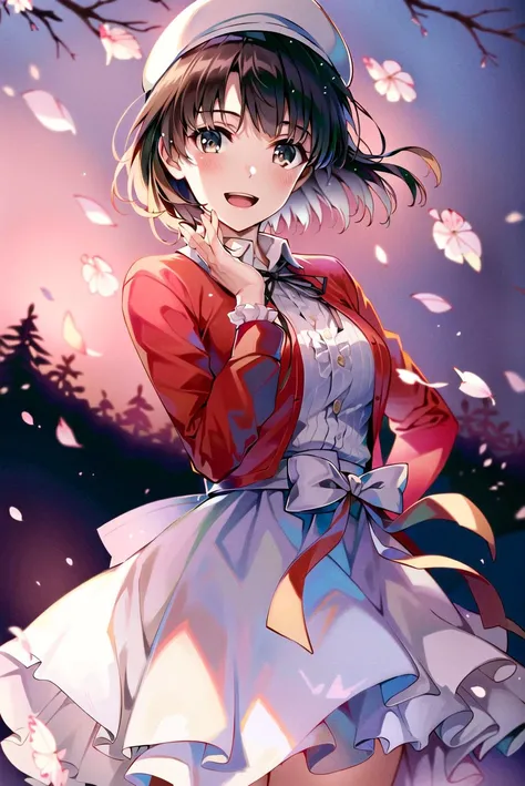 ((masterpiece,best quality, detailed)), deep shadows, hard rim lighting, dramatic lighting, sharp focus, looking at viewer, ambient light,
outdoors, floating hair, wind, cherry blossoms, cowboy shot
<lora:KatouMegumiV1-000005:0.8>, katou megumi, white dress, red jacket, neck ribbon, beret, frills, bow, smile, open mouth, waving