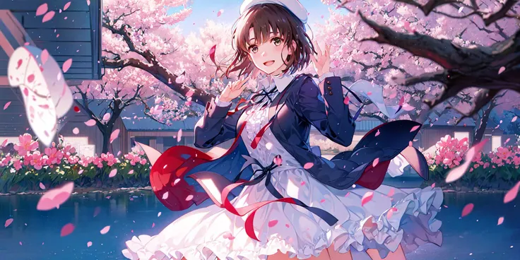 (Masterpiece:1.2, high quality), (pixiv:1.4), (1girl:1.2), (solo:1.2), (shenqi:0.6),
,deep shadows, hard rim lighting, dramatic lighting, sharp focus, looking at viewer, ambient light, outdoors, floating hair, wind, cherry blossoms, cowboy shot , katou megumi, white dress, red jacket, neck ribbon, beret, frills, bow, smile, open mouth, waving
<lora:katouMegumiSaekano_v1:0.6>