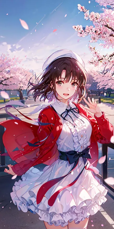 (Masterpiece:1.2, high quality), (pixiv:1.4), (1girl:1.2), (solo:1.2), (shenqi:0.6),
,deep shadows, hard rim lighting, dramatic lighting, sharp focus, looking at viewer, ambient light, outdoors, floating hair, wind, cherry blossoms, cowboy shot , katou megumi, white dress, red jacket, neck ribbon, beret, frills, bow, smile, open mouth, waving
<lora:katouMegumiSaekano_v1:0.6>