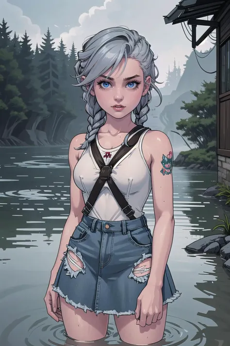 (masterpiece, best_quality, ultra-detailed, immaculate:1.3), epic, illustration, pastel punk girl, 1girl, cute, full body, [:revealing, seductive costume design,:0.2], official art, , punk hair, blue-grey hair, Braided Updo, creepy brown lighting from below, denim skirt, on a winter, flooded country road, bombshell hair, beige hair with white highlights, Flipped In Hair,pointy hair, upright straddle<lyco:EnvyBeautyMix42:1>