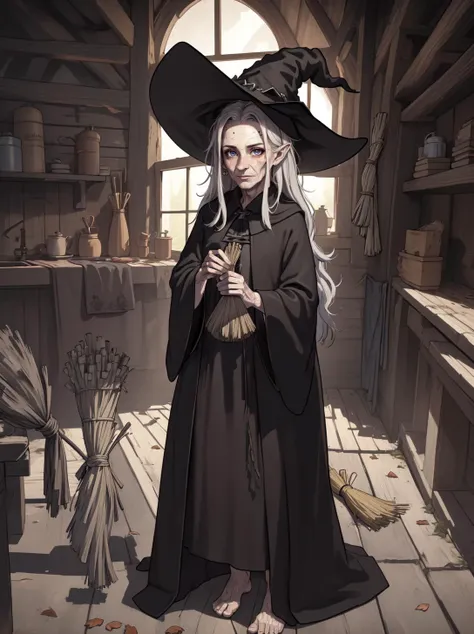 masterpiece,best_quality,ultra-detailed,immaculate,epic,illustration,official art,<lora:EnvyBeautyMix42:0.9>,old woman,full body,witch,ugly,warts,long nose,messy hair,dark robes,broom,inside old wooden shack,hunch back,frail,