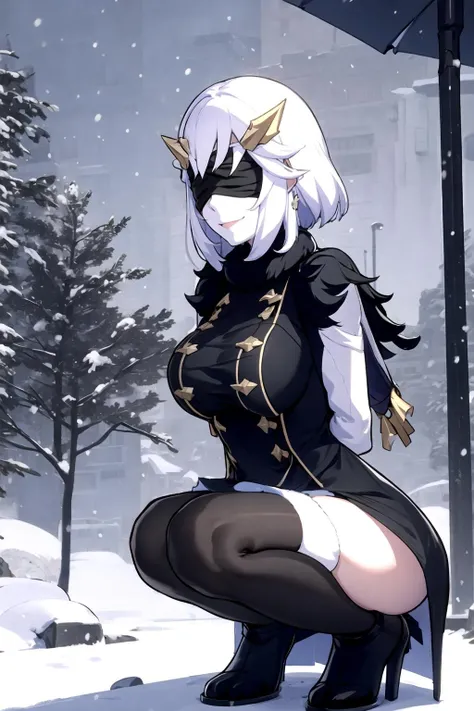 woman, white hair, large breasts, squatting, blindfold,hair ornament, arms behind back, snow, smile, <lora:Guardian_ShadowV1.1:0.8>