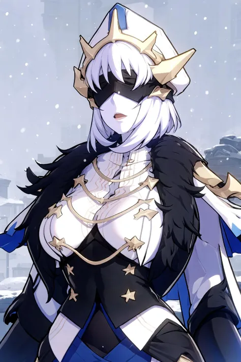 woman, white hair, large breasts, standing, blindfold,hat, arms behind back, snow, smile, <lora:Guardian_ShadowV1.1:0.8>