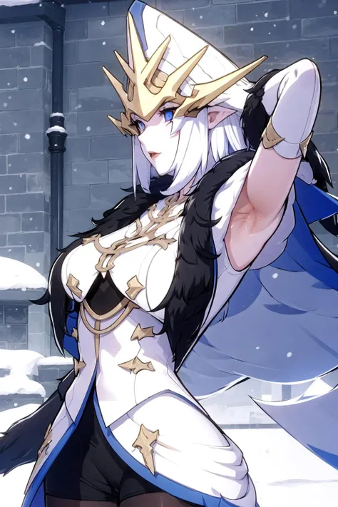 1girl, bare shoulders, black mask, blonde hair, blue eyes, cleavage, collarbone, dress, elbow gloves, fur trim, gloves, large breasts, long hair, looking at viewer, mask, navel, one eye covered, pelvic curtain, signora \(genshin impact\), smile, solo,(masterpiece:1.4),(best quality:1.4),(shiny skin),red lips,mature female, (detailed face and eyes), (Masterpiece, best quality), (highly detailed photo:1.1) <lora:signoraGenshinImpact_v25:1>