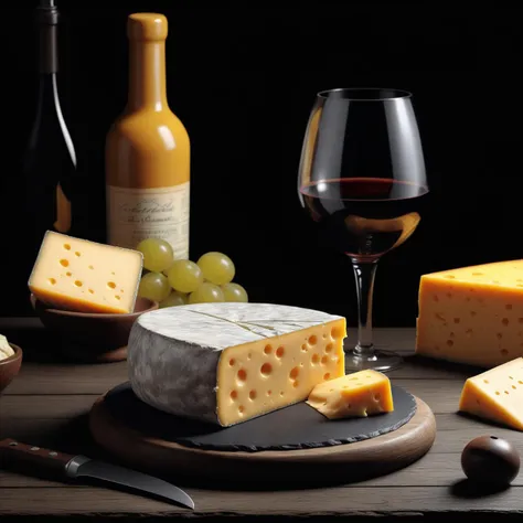 8K, UHD, RAW, photograph of cheddar cheese, photorealistic, food photography, dark plate, cheese knife, wineglass, red wine, rough wooden table
