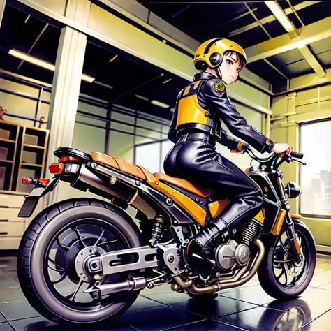 original painting, novel illustration, masterpiece, best quality, ultra-detailed, illustration,1girl, solo, leather suit, riding on flying motorcycle, 16 years old, floating, maglev motorcycle, nihongami, cowboy shot , motor suit, cloud, expressionless , Exhaust fumes, storage room, chignon, sun, in the air, <lora:ConstructionyardAIV3:0.6>, ConstructionyardAI, <lora:cuntian:0.7>,