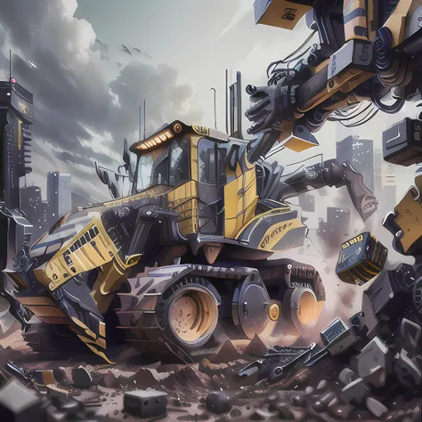 (best quality, highres, sharp focus), Masterpeice, 4K, 8K, Realistic, Ultra Realistic, High Quality, High Resolution, constructionyardai, Bulldozer, futuristic, cyberpunk, <lora:ConstructionyardAIV3:1>