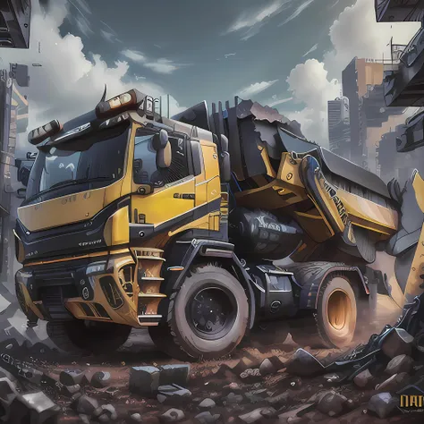 (best quality, highres, sharp focus), Masterpeice, 4K, 8K, Realistic, Ultra Realistic, High Quality, High Resolution, constructionyardai, Futurisitc Dump Truck, futuristic, cyberpunk, <lora:ConstructionyardAIV3:1>