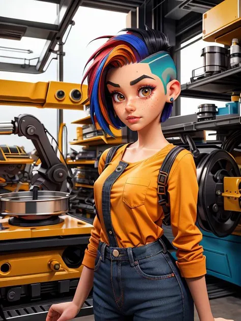Disney, Pixar Disney, Pixar (Style: trending on artstation, ((high quality:1.2, masterpiece:1.2)) , (8k resolution) , high details, incredibly absurdres, color connection, colorized, colorful, sexy, nsfw, seductive,wide lens, 3/4 body shot)
(1girl, 25 years old, big dark brown eyes, latina face, freckles, (short hair, shaved sides:1.2), multicolored hair, medium breasts)
<lora:ConstructionyardAIV3:0.8> (backround: constructionyardai, house, indoors, factory)