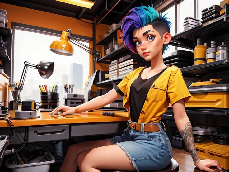 Disney, Pixar Disney, Pixar (Style: trending on artstation, ((high quality:1.2, masterpiece:1.2)) , (8k resolution) , high details, incredibly absurdres, color connection, colorized, colorful, sexy, nsfw, seductive,wide lens, 3/4 body shot)
(1girl, 25 years old, big eyes, latina face, freckles, (short hair, shaved sides:1.2), multicolored hair, medium breasts)
<lora:ConstructionyardAIV3:0.8> (backround: constructionyardai, house, indoors, factory)