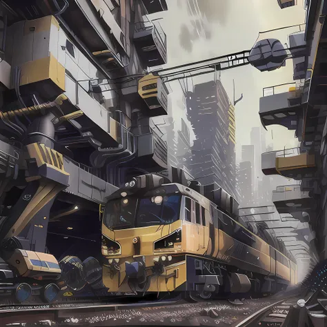 (best quality, highres, sharp focus),  Masterpeice, 4K, 8K, Realistic, Ultra Realistic, High Quality, High Resolution, constructionyardai,  crane train, locomotive, Solar Locomotive, futuristic, cyberpunk,   <lora:ConstructionyardAIV3:1>
