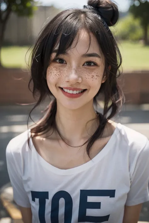 1girl, idol, close-up, collarbone, ,, photo, film, depth of field, skin texture, t-shirt, rubber band, topknot, long hair, messy hair, freckles,smile,