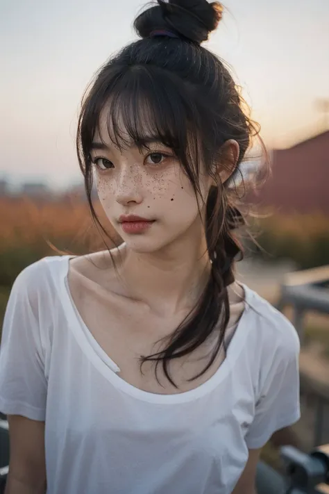 1girl, idol, close-up, collarbone,  ,, photo, film, depth of field, skin texture, t-shirt, rubber band, topknot, long hair, messy hair, freckles,