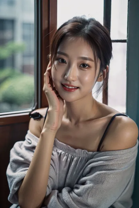 1girl, idol, close-up,  collarbone, photo, film, hand on own face,  depth of field, smile, model, window, looking at viewer, real life, off shoulder, teeth,