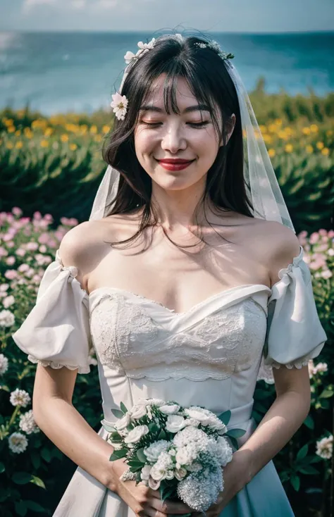 A girl in a wedding dress, A grand wedding, Sanctity, Garden, The ocean of flowers, Sacred, realtic, Close your eyes, Smile, Bust photo