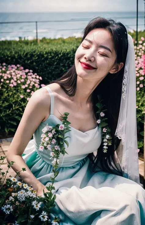 A girl in a wedding dress, A grand wedding, Sanctity, Garden, The ocean of flowers, Sacred, realtic, Close your eyes, Smile, Bust photo